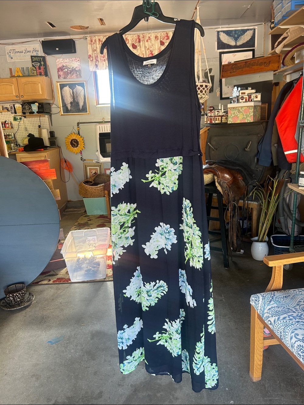 Calvin Klein Navy Blue Sleeveless Maxi Dress with Green and White Floral Print